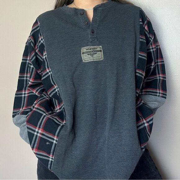 Reworked Vintage Wrangler Long Sleeve Henley Plaid Flannel Western Shirt Top - Picture 4 of 5